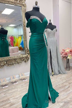 Asymmetrical Green Beaded Mermaid Long Prom Dress with Slit