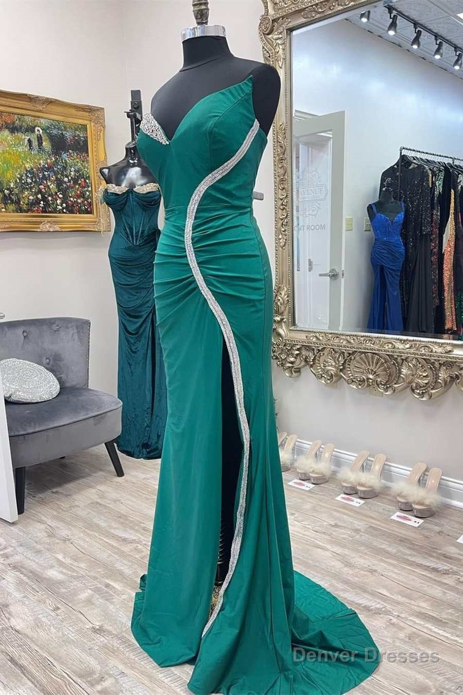 Asymmetrical Green Beaded Mermaid Long Prom Dress with Slit Secondary image