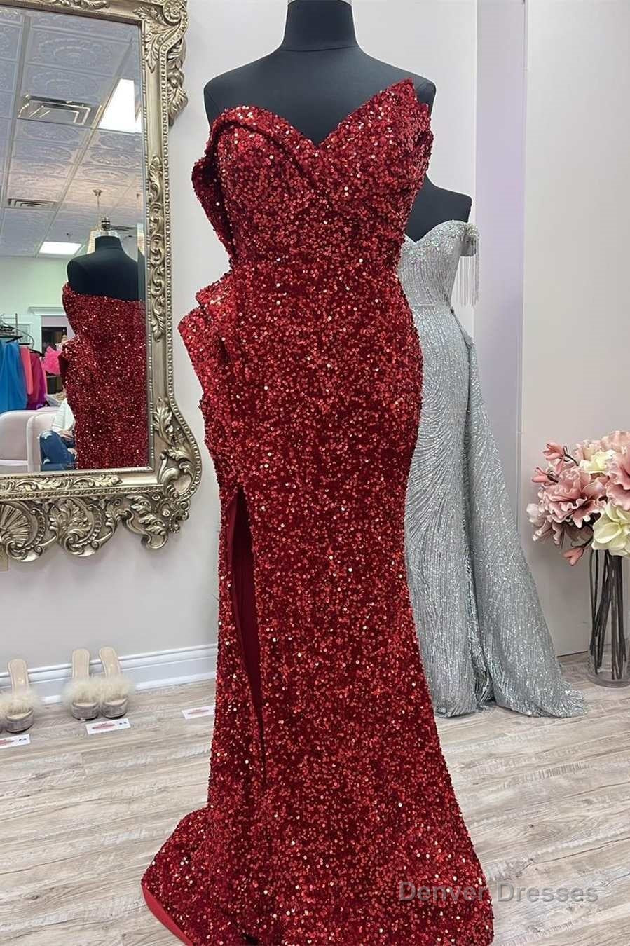 Asymmetrical Burgundy Sequin Strapless Mermaid Long Prom Dress with Slit Secondary image