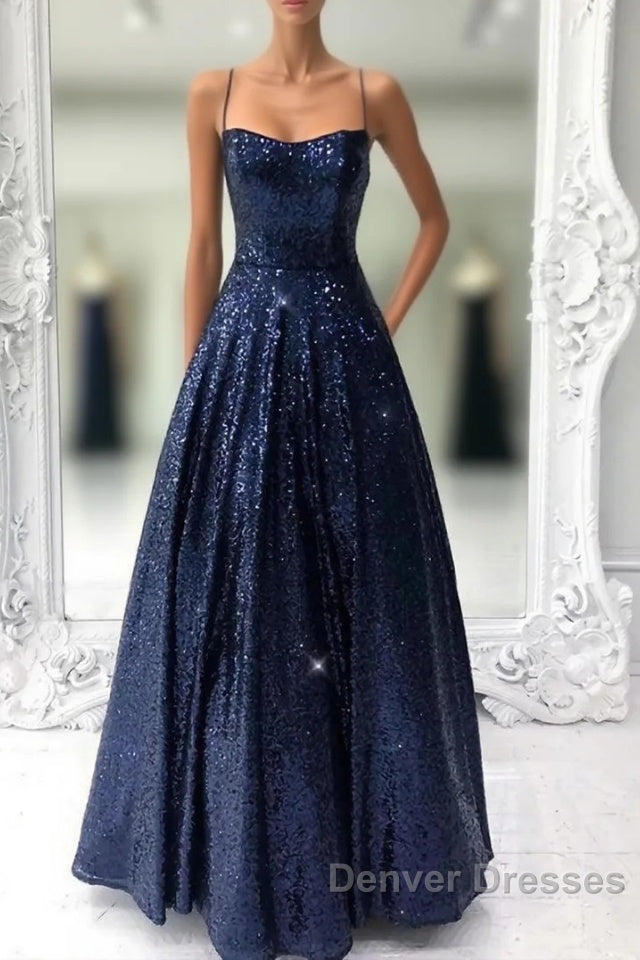 Long Navy Blue Sequin Prom Dress Main image