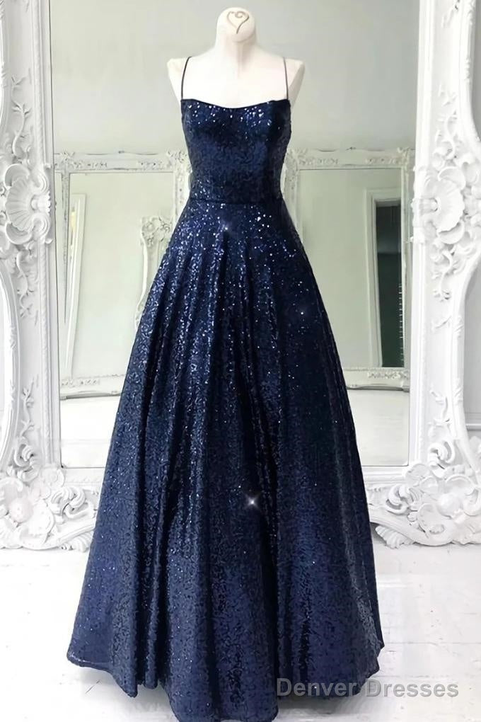 Stunning Sleeveless A Line Navy Blue Sequin Prom Dresses Secondary image