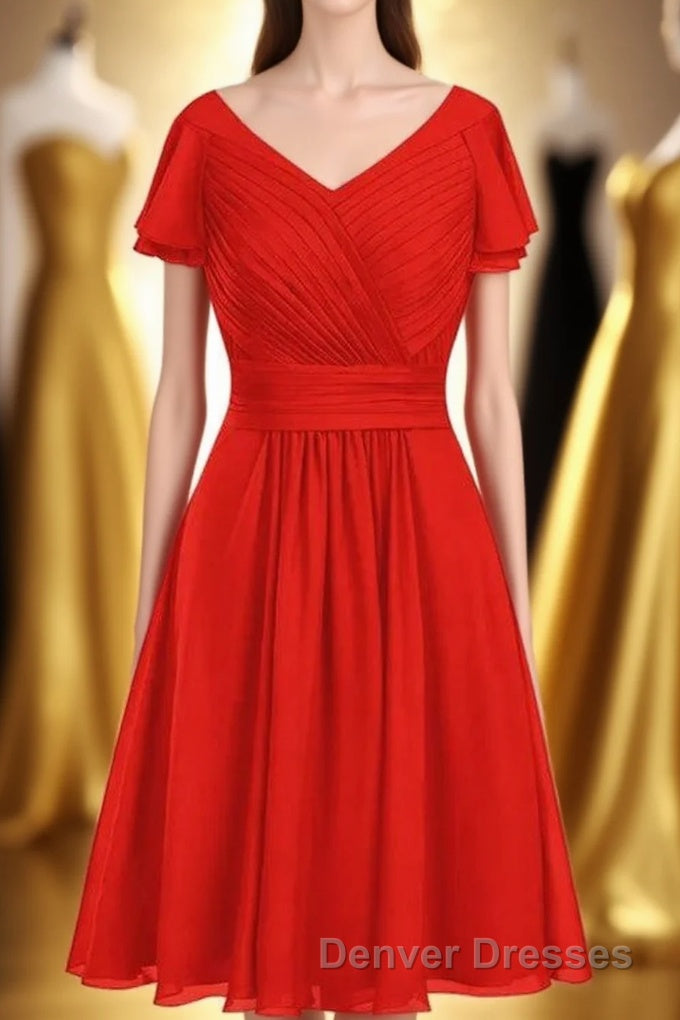 Red Chiffon V-Neck Ruffled A-Line Short Bridesmaid Dress Main image