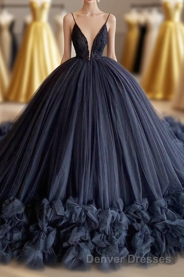 spaghetti straps beading bodice tulle ball gown evening Dress with handmade flowers Main image