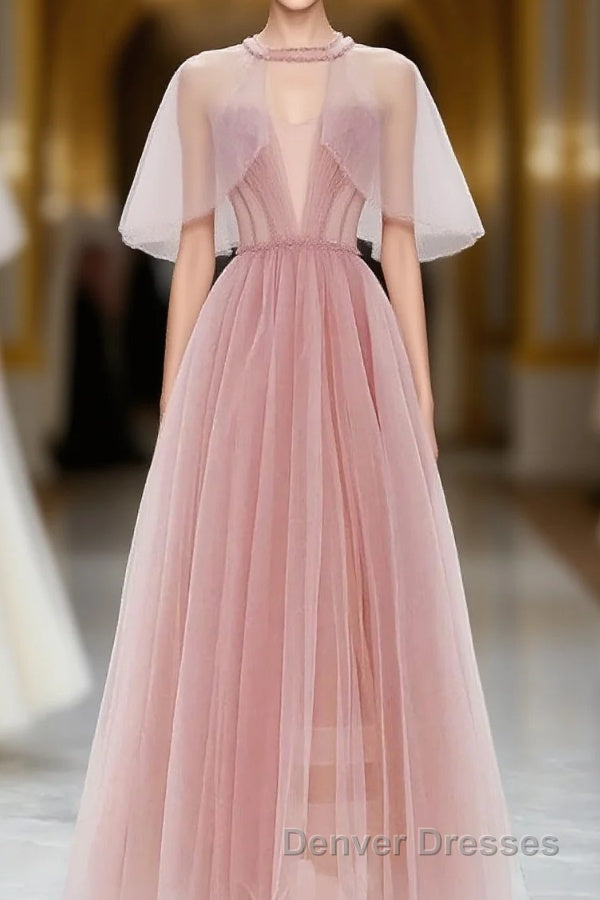 Pink Tulle Tea Length Prom Dress, Pink Tulle Formal Dress Main image