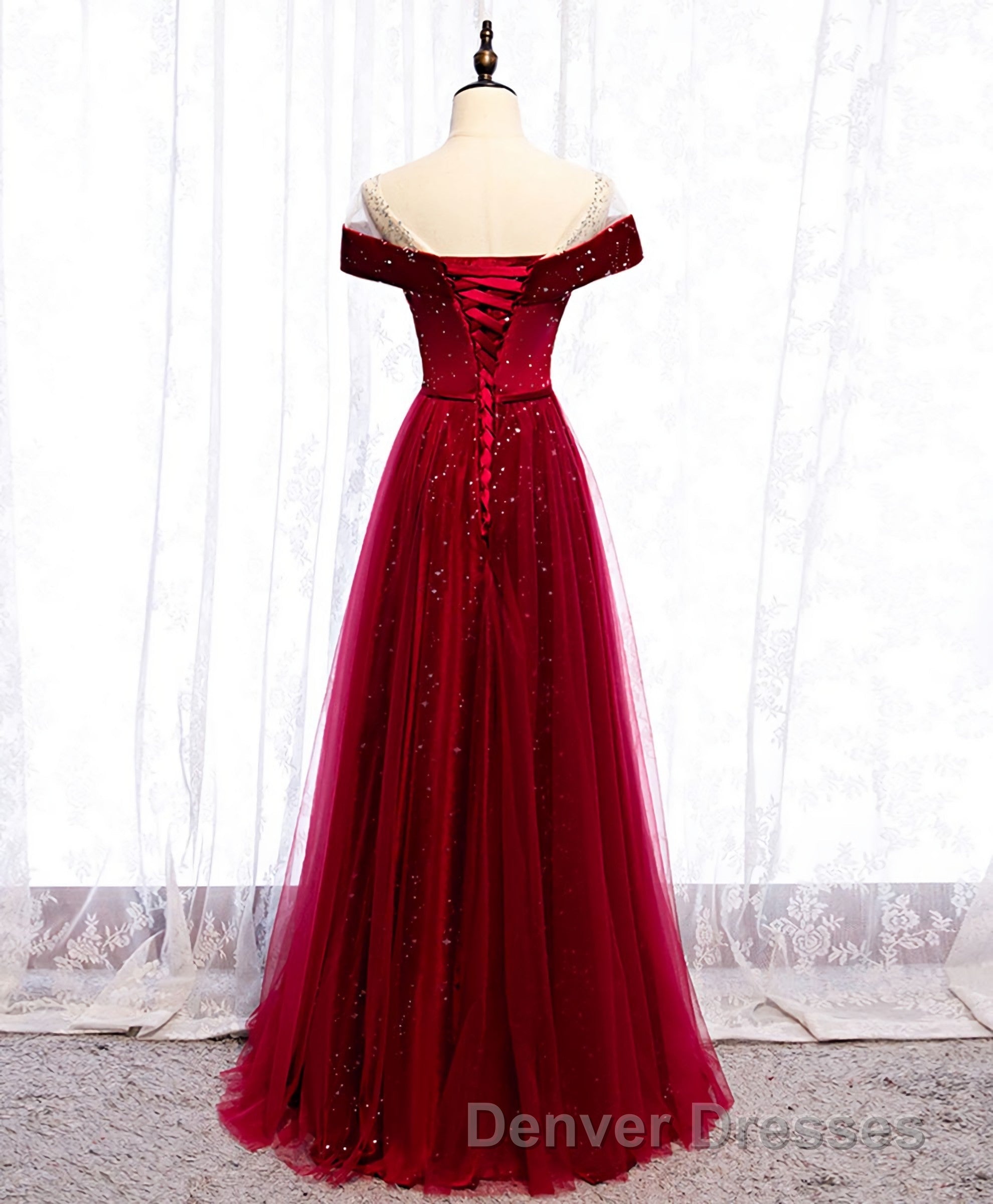 Burgundy Round Neck Tulle Sequin Long Prom Dress, Tulle Formal Dress Secondary image