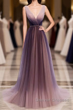 Simple V Neck Tulle Long Prom Dress, Tulle Evening Dress