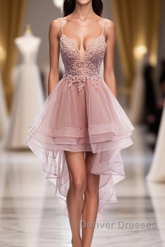 Pink Tulle Lace High Low Prom Dress, Pink Homecoming Dress, 1 Main image