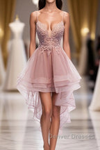 Pink Tulle Lace High Low Prom Dress, Pink Homecoming Dress, 1