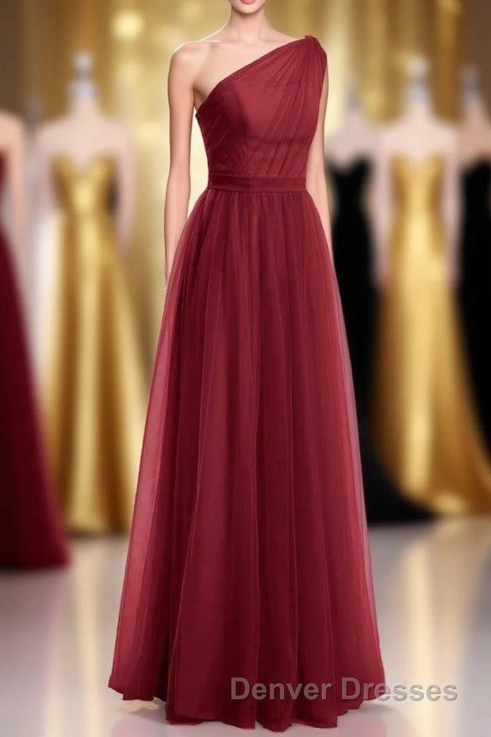 Wine Red Tulle One-Shoulder A-Line Bridesmaid Dress Main image