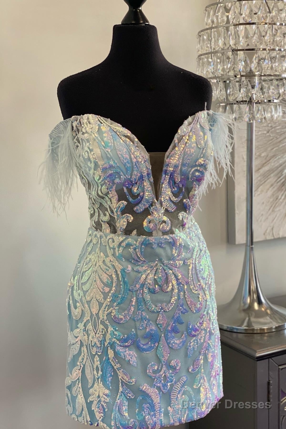 Light Blue Off-the-Shoulder Sequin-Embroidered Feathers Homecoming Dress Main image