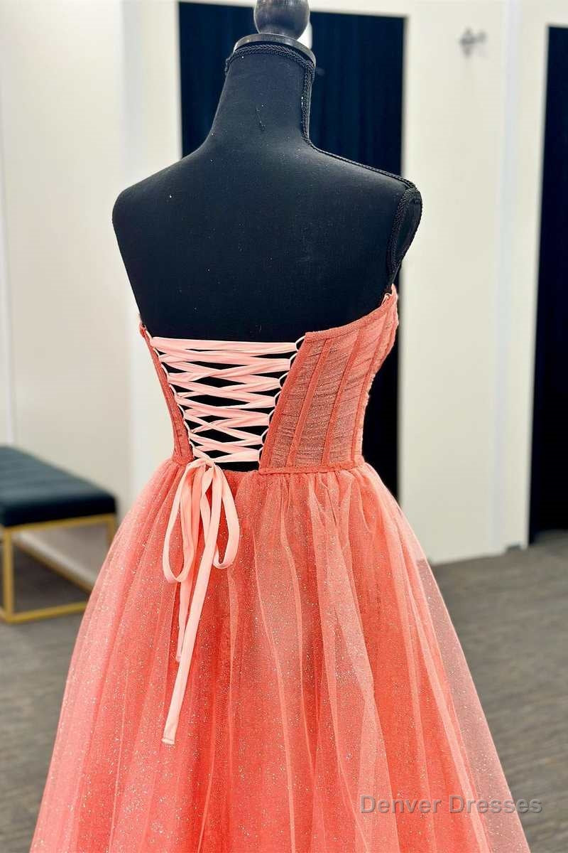 Coral Tulle Strapless A-Line Long Prom Dress Main image