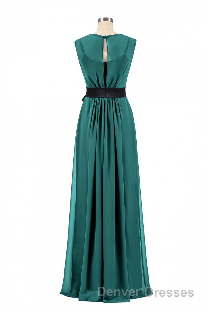 Hunter Green Crew Neck Belted Long Bridesmaid Dress Secondary image