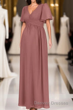 Brown V-Neck High-Waist Long Maternity Bridesmaid Dress