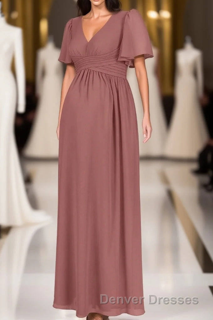 Brown V-Neck High-Waist Long Maternity Bridesmaid Dress