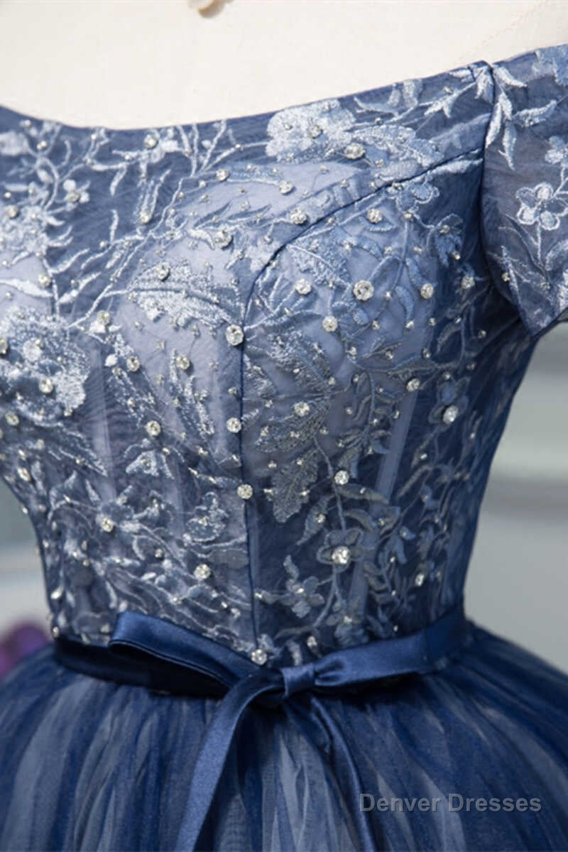 Navy Blue Off-the-Shoulder Beaded A-Line Short Party Dress