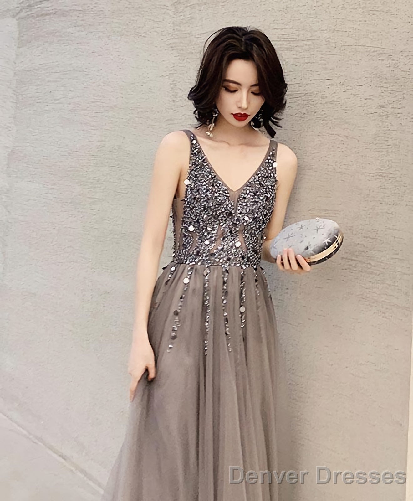 Gray V Neck Tulle Beads Long Prom Dress Gray Tulle Evening Dress