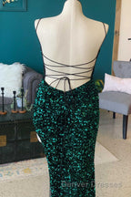 Red Sequin Cowl Neck Lace-Up Back High-Low Prom Dress