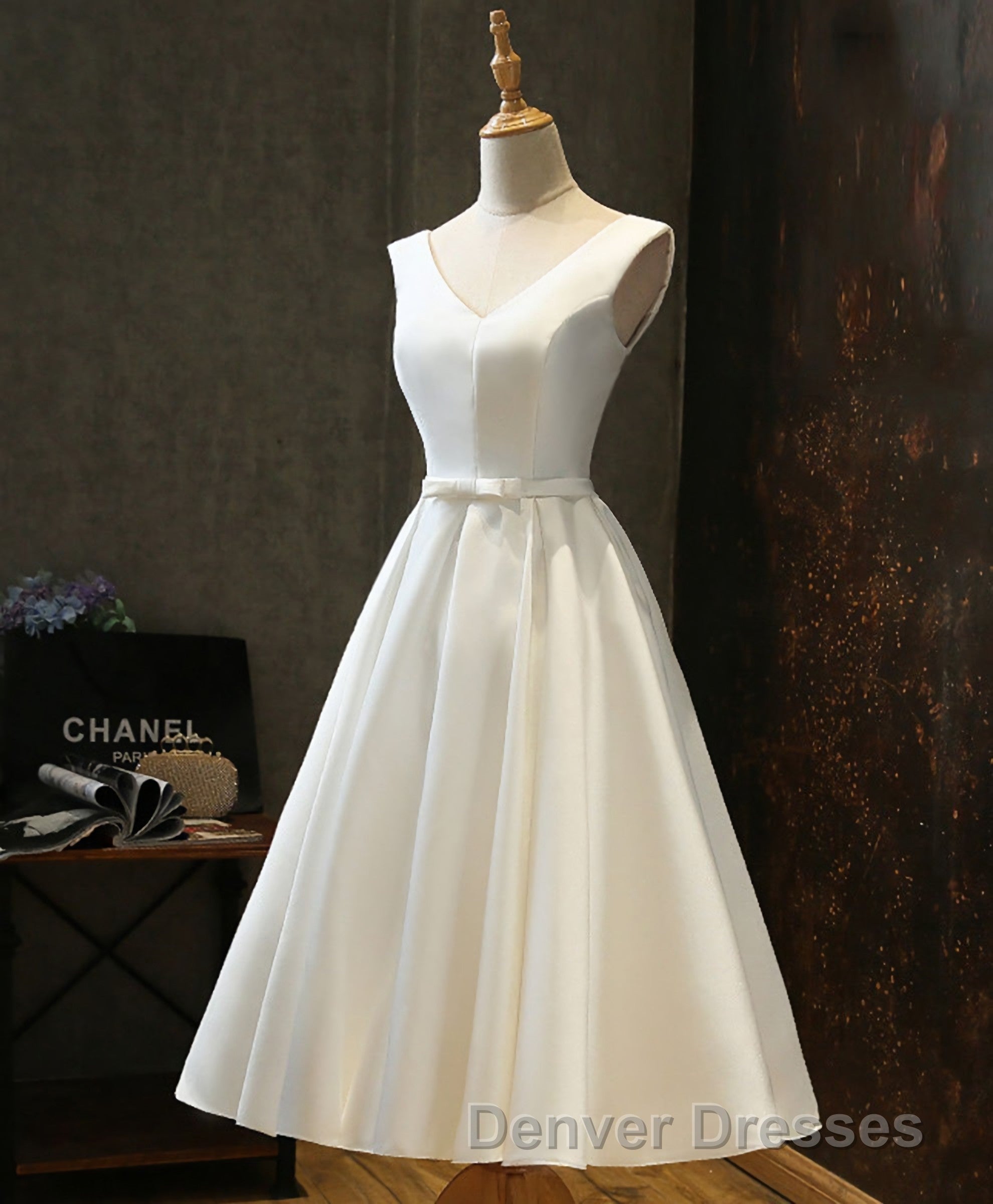 Simple V Neck White Short Prom Dress, White Homecoming Dress