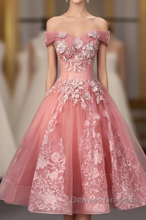 Pink Tulle Lace Off Shoulder Short Prom Dress, Pink Homecoming Dress Main image