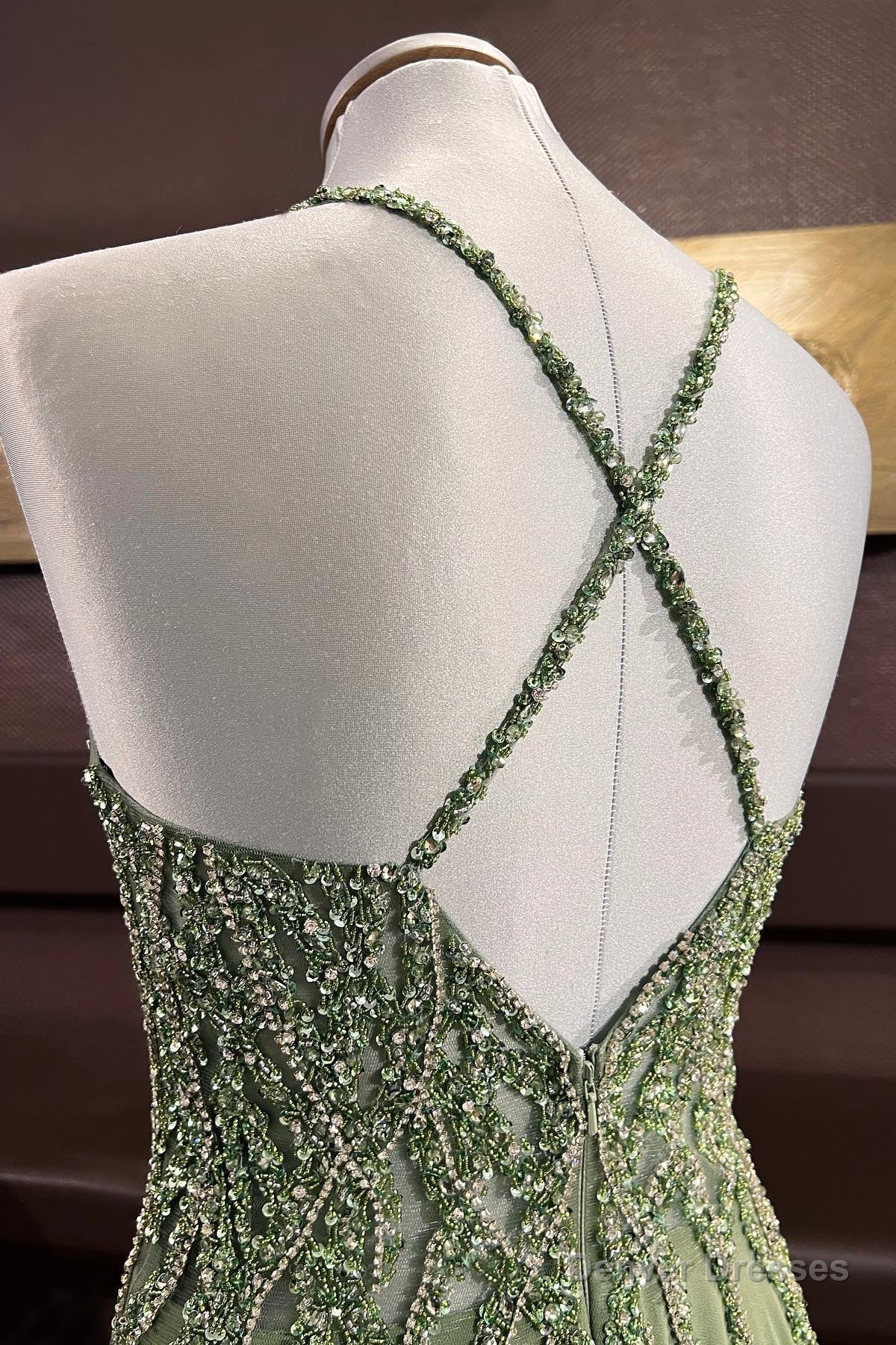Dusty Sage Beaded Cross Back V Neck Seqins-Embroidery Long Prom Dress