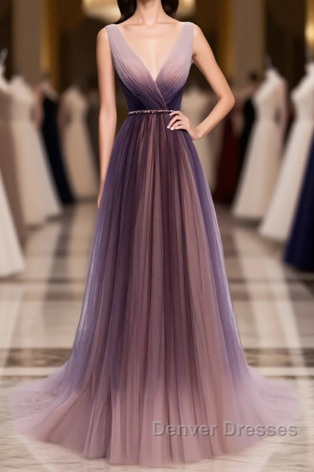 Simple V Neck Tulle Long Prom Dress, Tulle Evening Dress Main image