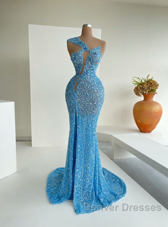 Ocean Blue Sequins One-Shoulder Mermaid Long Prom Dress With Split Secondary image