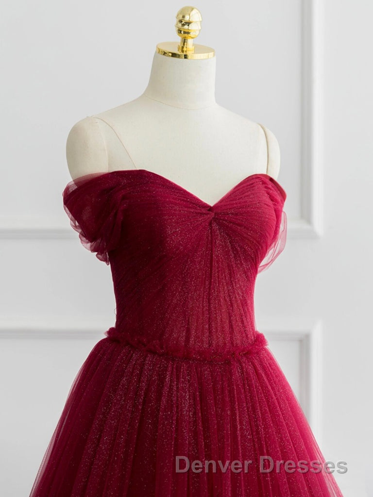 A-line Sweetheart Neck Tulle Burgundy Long Prom Dress, Off Shoulder Burgundy Formal Dress Secondary image