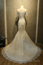Mermaid Off Shoulder Sleeveless Lace Beading Watteau Train Wedding Dress