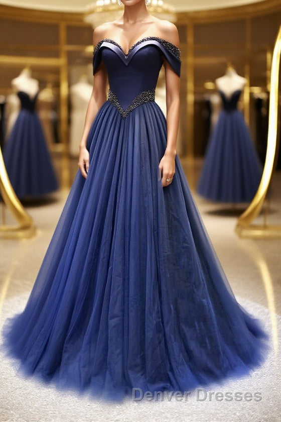 A-Line Tulle Beading Long Prom Dress, Off the Shoulder Evening Dress Main image