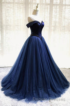 A-Line Tulle Beading Long Prom Dress, Off the Shoulder Evening Dress