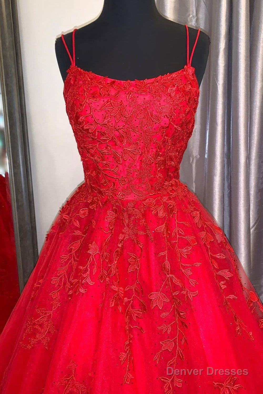Red Lace Long Backless Prom Dresses, Red Formal Graduation Dresses Secondary image