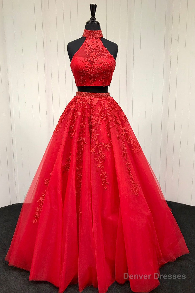 Elegant High Neck Two Piece Red Long Prom Dress