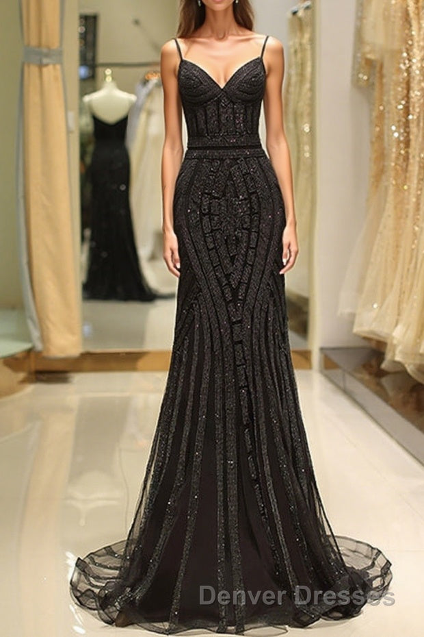 Mermaid Spaghetti Strap Black Beading Long Prom Dress