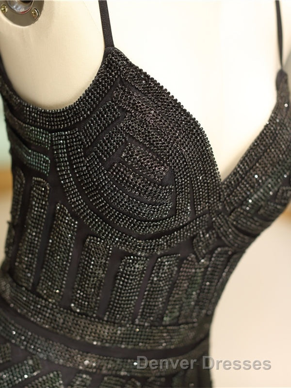 Mermaid Spaghetti Strap Black Beaded Formal Evening Dress