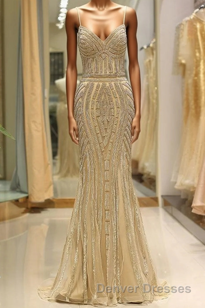 Mermaid Spaghetti Strap Black Beaded Formal Evening Dress