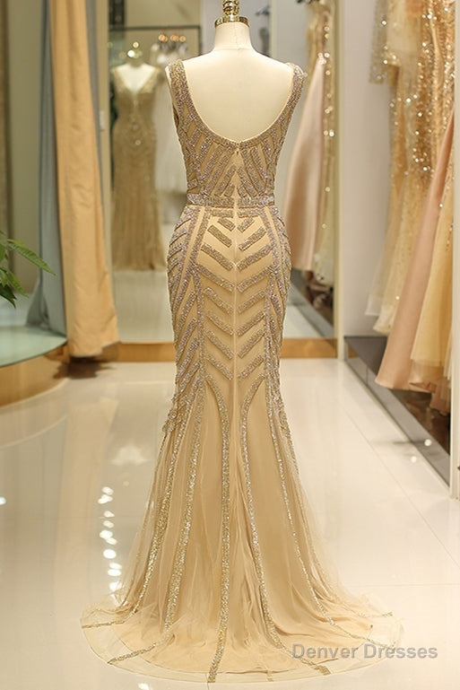 Elegant Mermaid Deep V Neck Gold Beaded Formal Evening Dress Secondary image