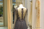 Long Sleeve Grey Beaded Long Prom Dress