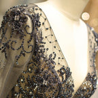 Long Sleeve Grey Beaded Long Prom Dress