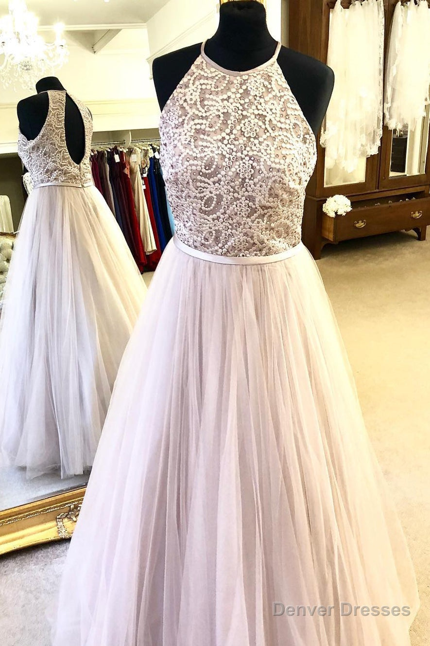 Halter Embroidery Long Prom Dress with Keyhole Back Main image