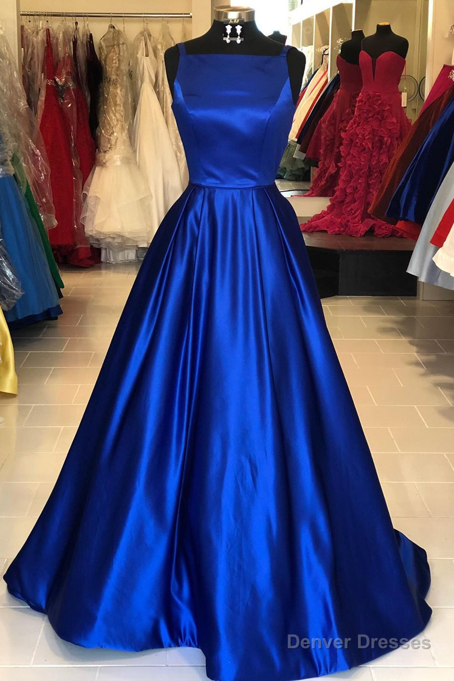 Hollow Out Royal Blue Satin Long Prom Dress Secondary image