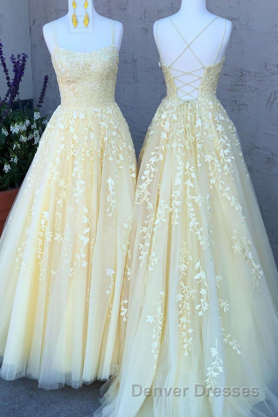 Princess Straps Long Prom Dress with Lace Appliques