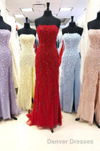 Strapless Light Blue Lace Long Prom Dress with Slit