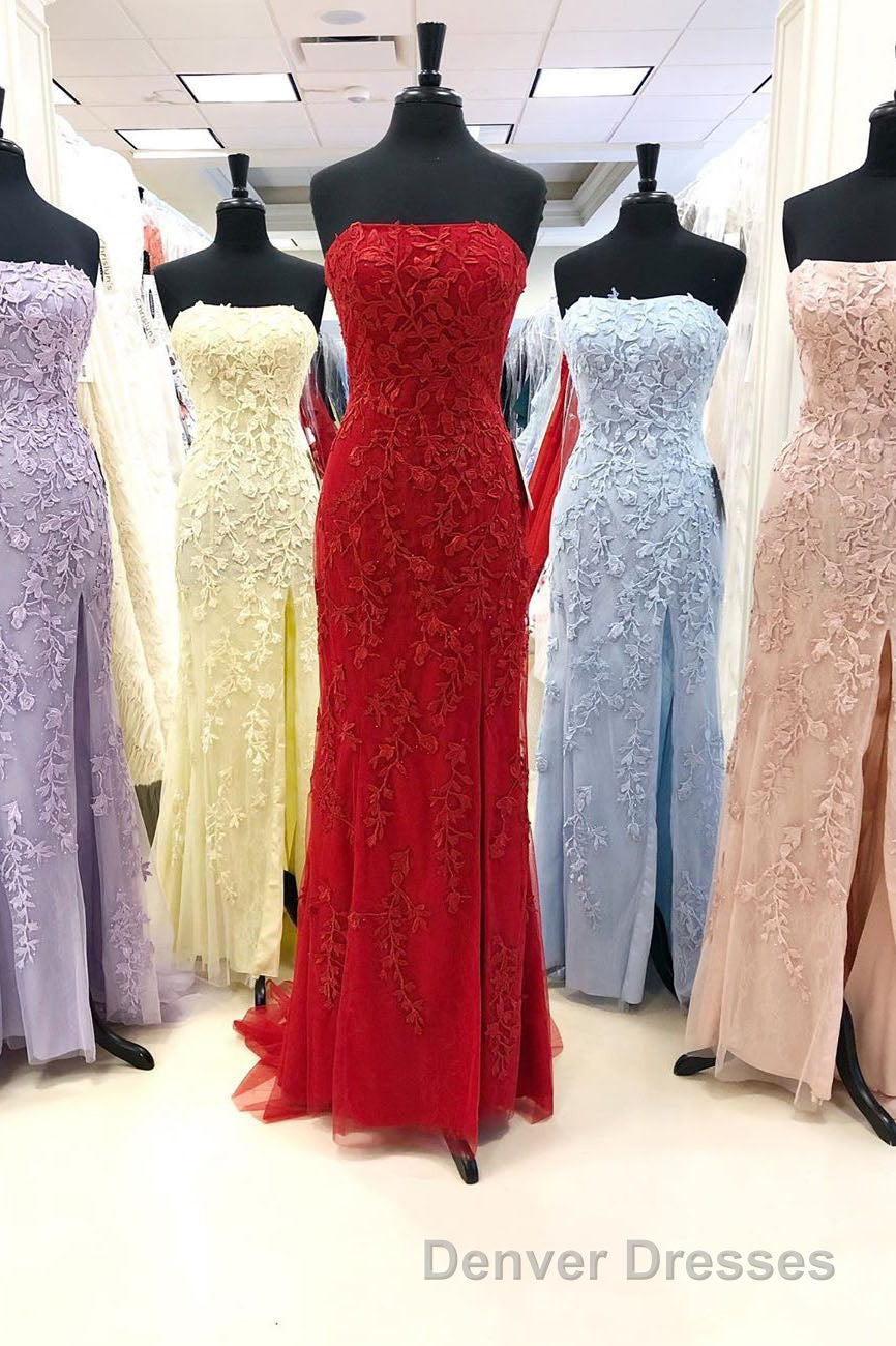 Strapless Light Blue Lace Long Prom Dress with Slit