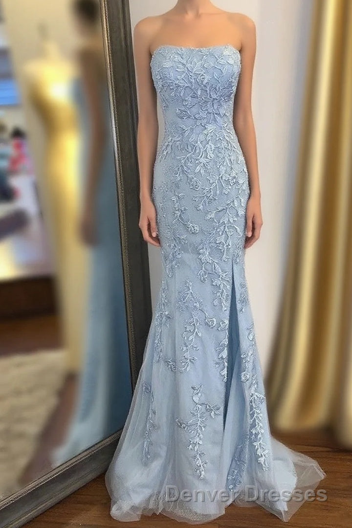 Strapless Light Blue Lace Long Prom Dress with Slit Main image