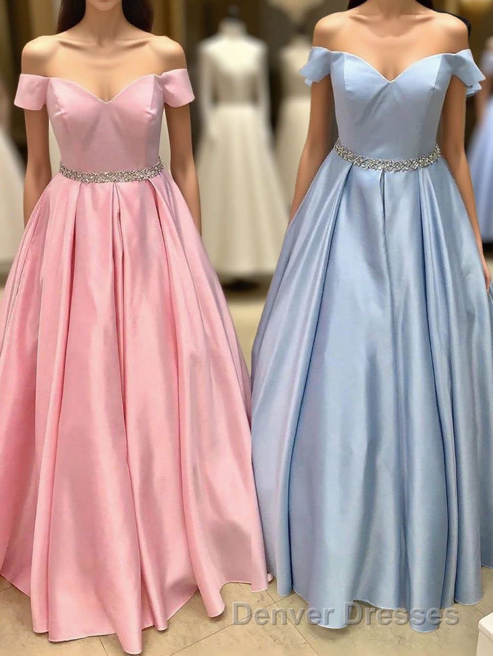 Elegant Off the Shoulder Satin Beaded Long Prom Dress Main image