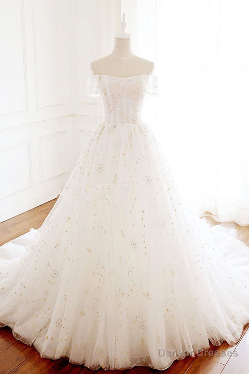 Princess Off the Shoulder White Long Prom Dress with Lace-up Back Main image