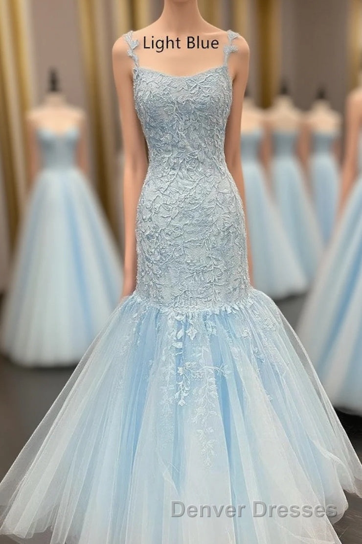 Straps Mermaid Light Blue Lace Appliqued Long Prom Dress