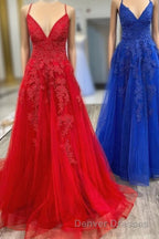 Elegant V Neck A-Line Red Appliqued Long Prom Dress