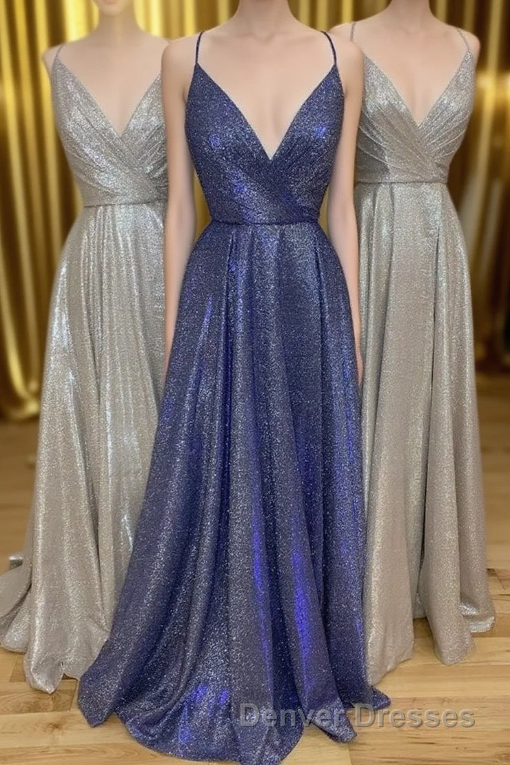Sparkly V Neck Straps A-Line Long Prom Dress Main image