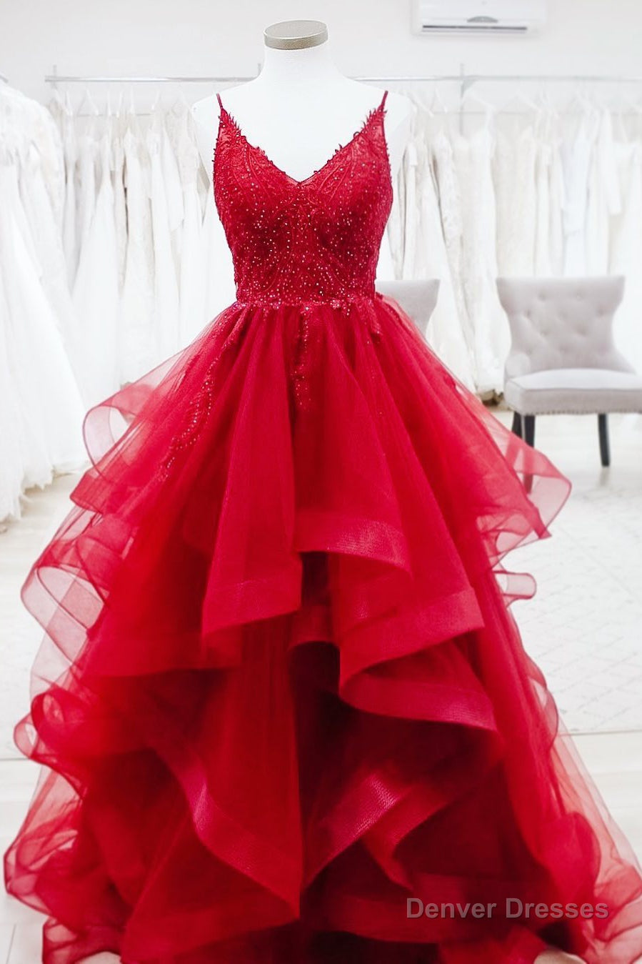 Elegant V Neck A-Line Beaded Red Long Prom Dress Main image